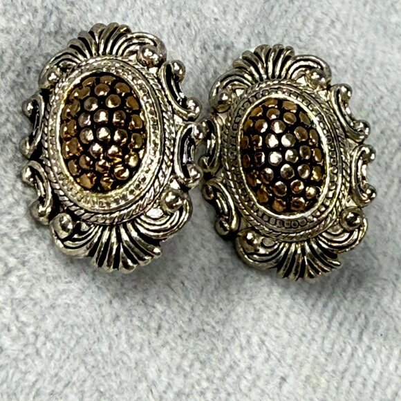 Vintage Ornate Silver & Gold-Tone Clip-On Earrings Women Classic Textured Design - Picture 2 of 16